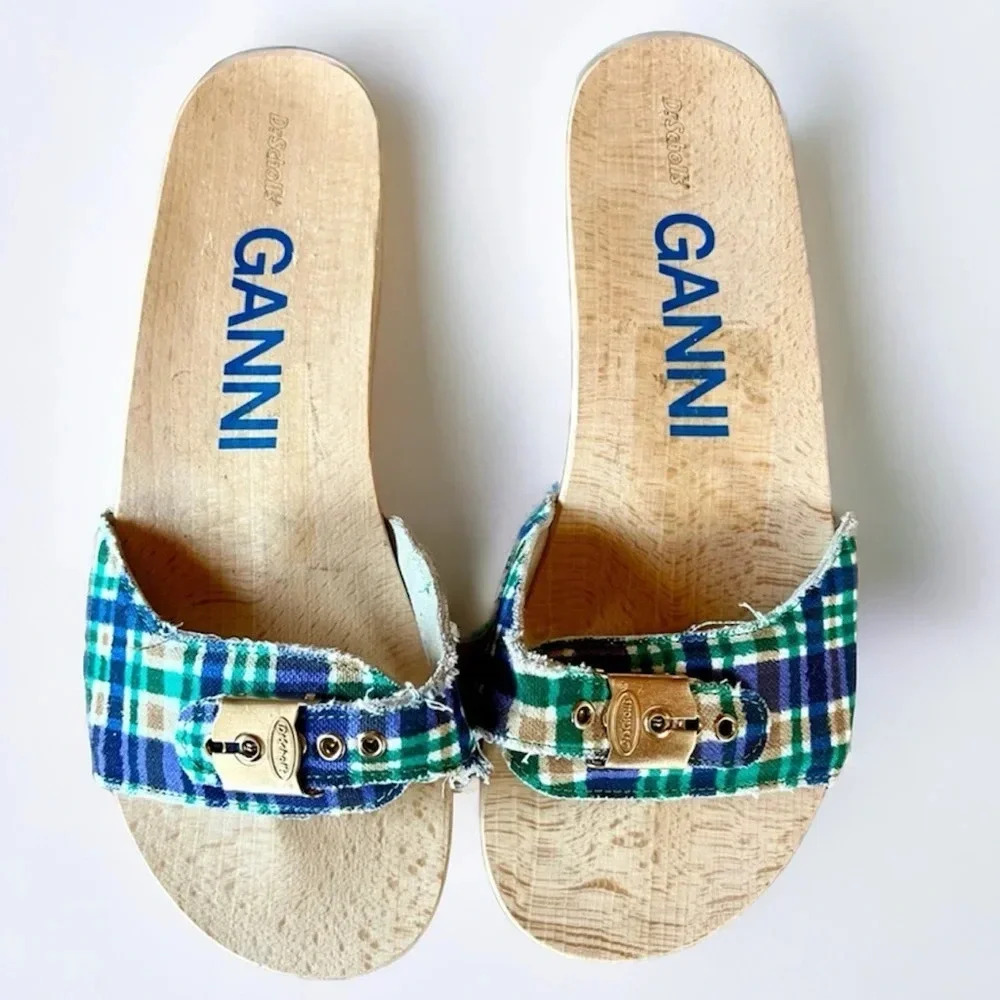 Ganni Plaid Blue Green Slide Sandals with Gold Buckle